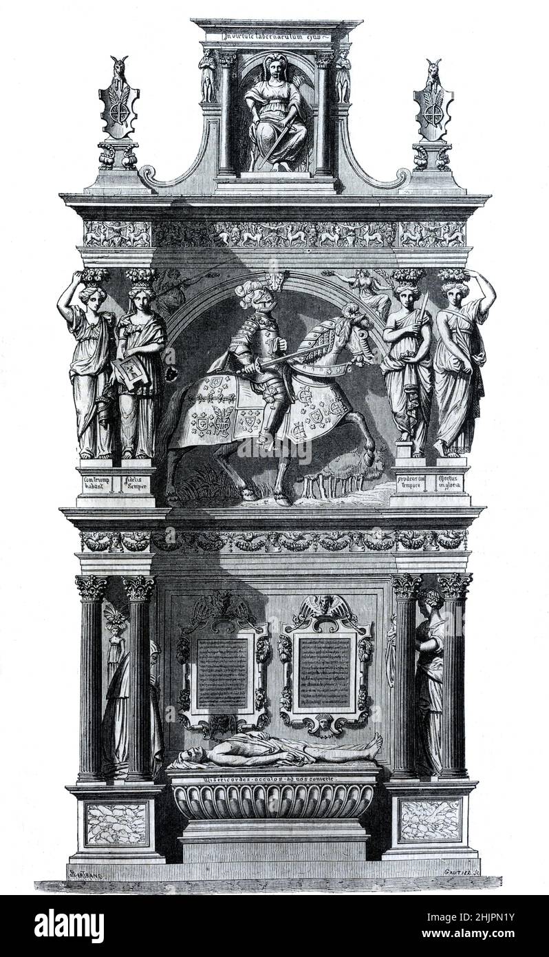 Tomba di Nobleman francese e normanno, Louis de Brézé (d.1531) Seigneur d'Anet e Comte de Maulevrier a Rouen Cattedrale Normandia Francia. La tomba barocca è decorata in modo elaborato con un cavaliere a cavallo, possibilmente e Brézé, e cariatidi.Vintage Illustrazione o incisione 1865 Foto Stock