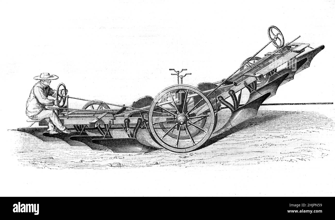 Aratro doppio o aratro con quattro solchi tirati da un verricello collegato ad un motore a vapore. Illustrazione o incisione vintage 1865 Foto Stock