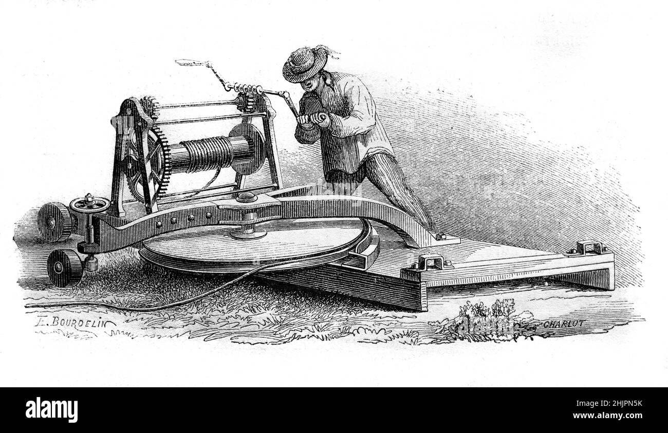 Sistema a cricchetto Lotz Plow o verricello a vapore. Illustrazione o incisione vintage 1865 Foto Stock