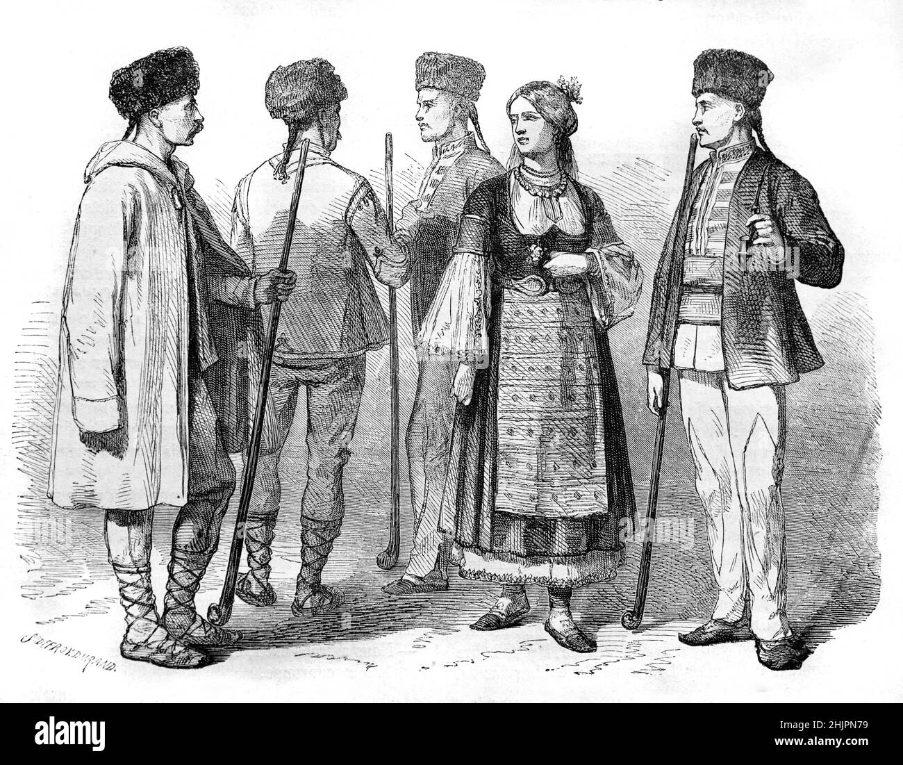 Illustrazione dei bulgari in costume tradizionale, costume folclorico di vestito nazionale. Illustrazione o incisione vintage 1865. Foto Stock