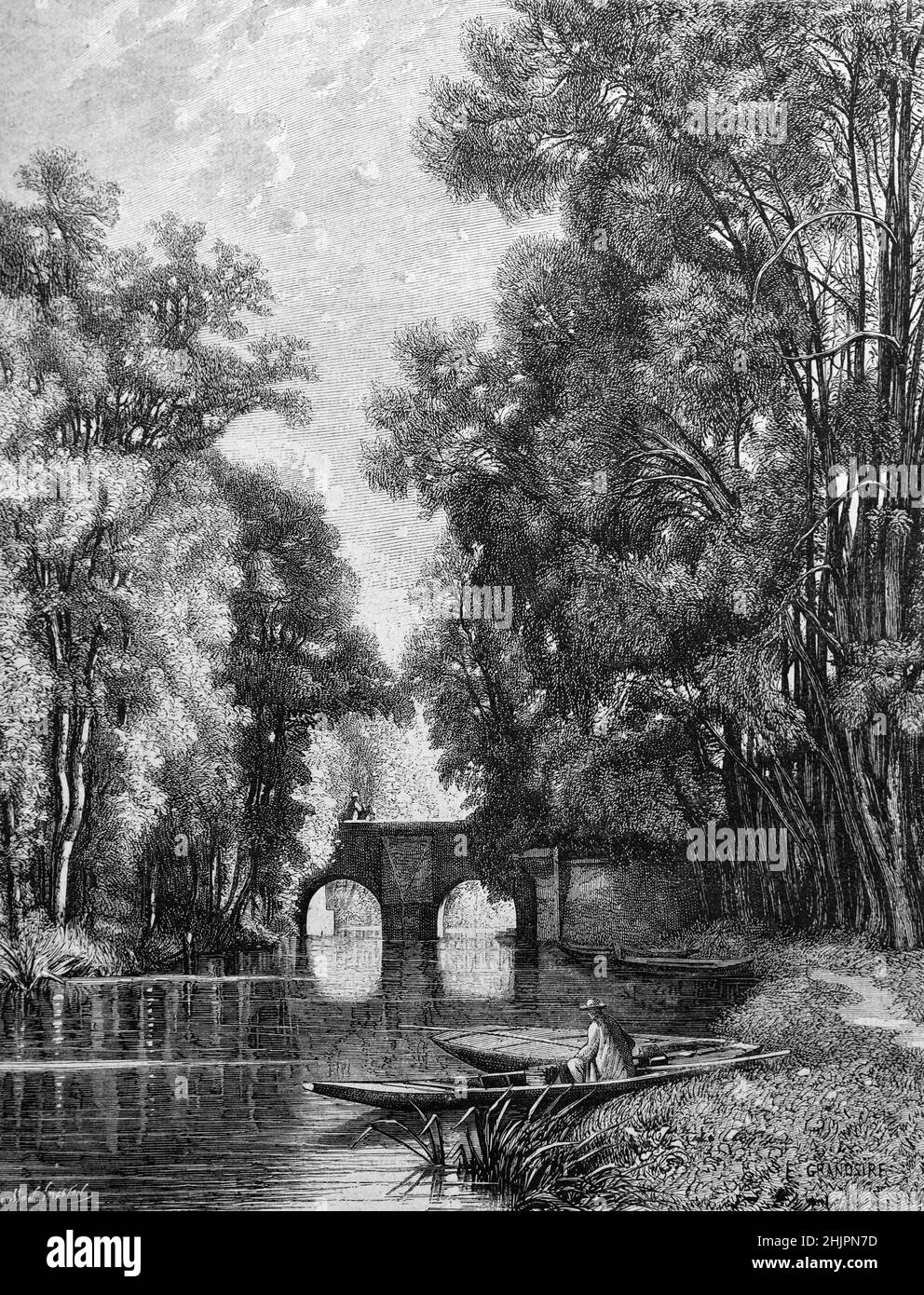 Pont du Moulin o il Mill Bridge, fiume Oise, Giardini e Parco a l'Isle-Adam Val-d'Oise, Île-de-France, Francia. Illustrazione o incisione vintage 1865 Foto Stock