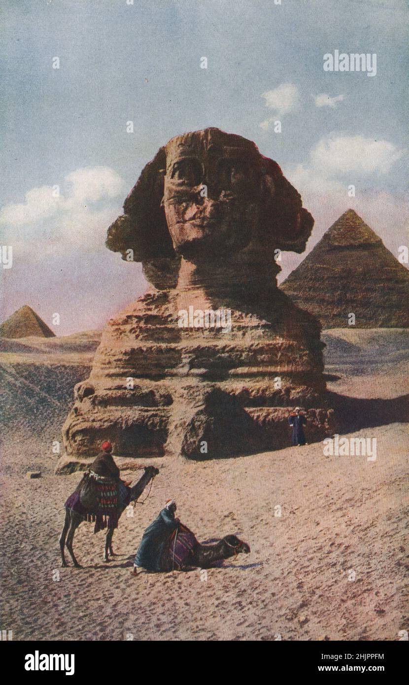 Da vicino su 5.000 anni l'enigmatica Sfinge di Gizeh, un leone couchant a testa umana, ha guardato attraverso la valle del Nilo. Egitto. Cairo (1923) Foto Stock