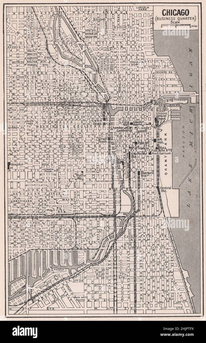 Quartieri centrali della città di Chicago, a 200 miglia quadrate. Illinois (mappa 1923) Foto Stock
