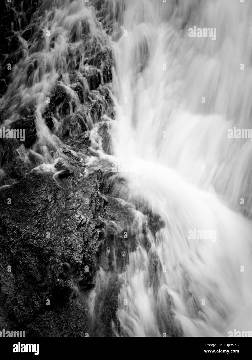 Primo piano di una cascata nelle alpi in estate, Tirolo Orientale (Austria), bianco e nero Foto Stock