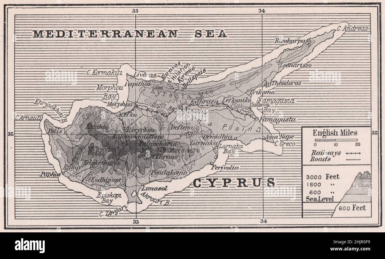 Strani contorni di Cipro come una mano puntata (mappa 1923) Foto Stock
