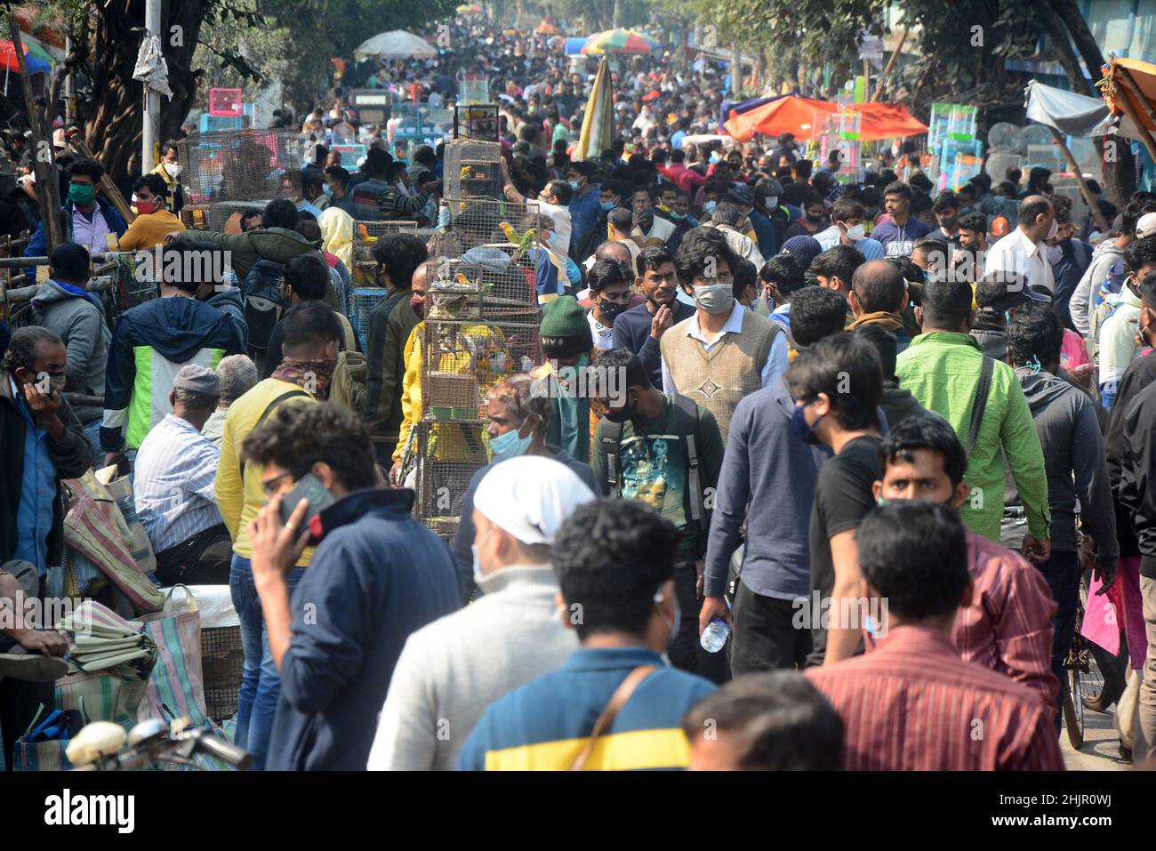 Kolkata, Bengala Occidentale, India. 30th Jan 2022. Folla massiccia in un mercato di animali domestici in mezzo covid-19 pandemic. wasÂ il più grande andÂ e il più antico mercato di animali domestici di Kolkata. Questo mercato per animali domestici, noto anche come ''Bagbazar Sokher Haat''. La città di Joy ospita il mercato degli animali domestici ogni domenica dalle prime ore del mattino al tardo pomeriggio. È stato scritto su carta per mantenere i protocolli di covid e di distanziamento sociale. Ma in qualche modo la maggior parte della gente lo ha dimenticato. Negli ultimi 24hours casi il numero totale di casi di convivenza è stato di 234.281 e 893 morti. (Credit Image: © Rahul Sadhukhan/Pacific Press via ZUMA Press Wire) Foto Stock