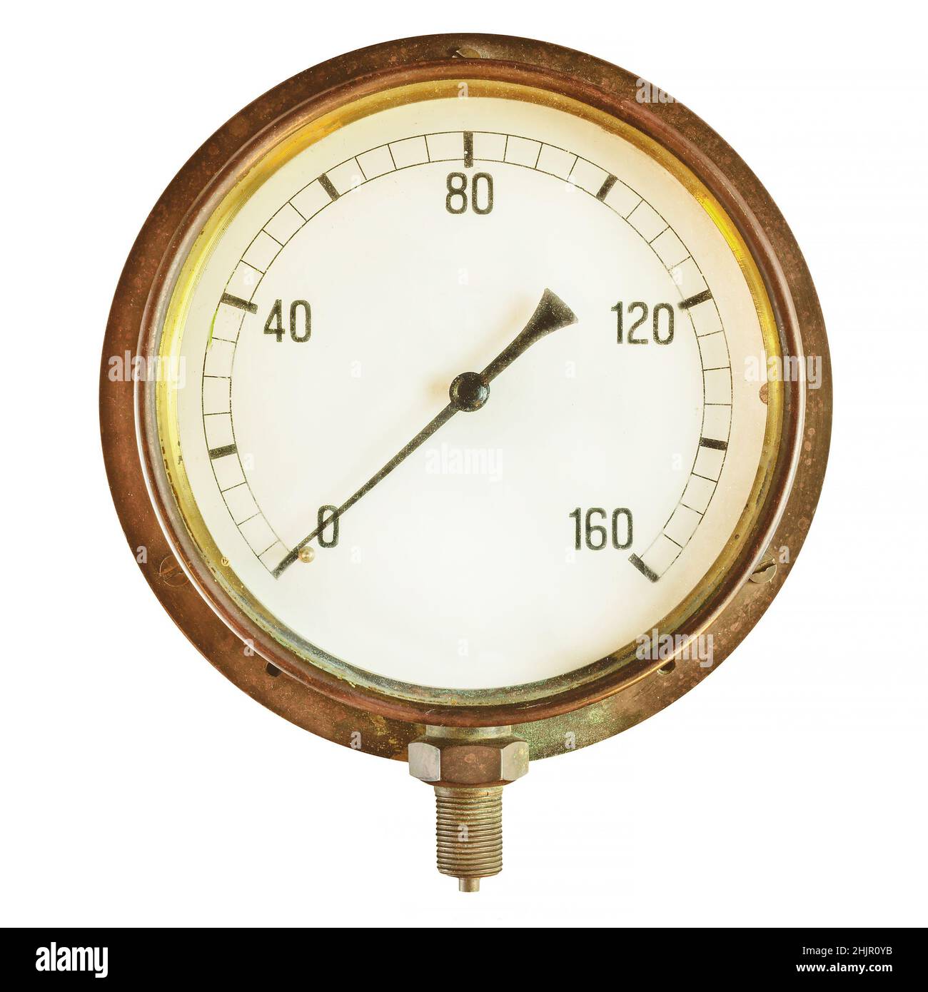 Antico misuratore di pressione industriale isolato su sfondo bianco Foto Stock