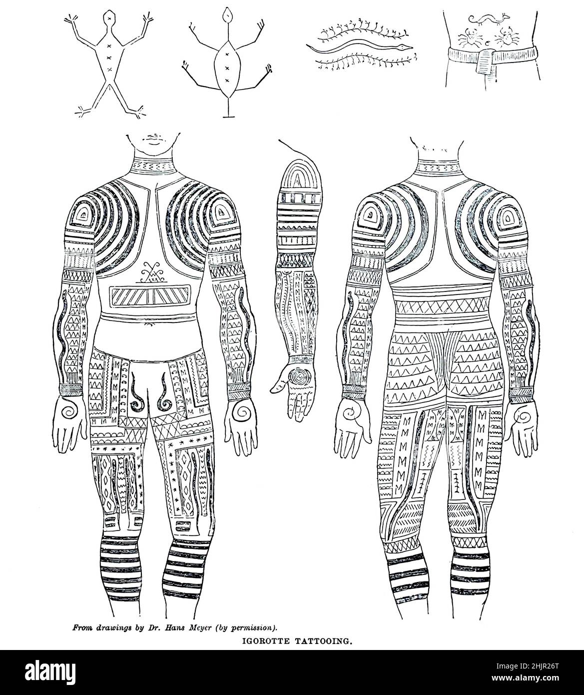 Igorotte [Igorot] Tattoooing le popolazioni indigene della catena montuosa di Cordillera del Luzon settentrionale, Filippine sono spesso riferite a usando l'esonimio Igorot popolo, O più recentemente, come i popoli cordillerani dal libro 'le razze viventi dell'umanità ' Vol 1 di Henry Neville Hutchinson, redattori John Walter Gregory, e Richard Lydekker, Editore: Londra, Hutchinson & co 1901 Foto Stock