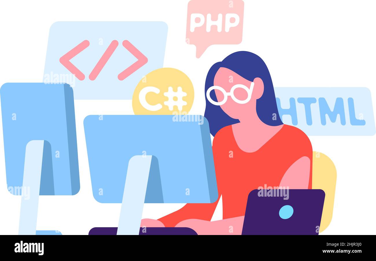 Donna che codifica in diversi linguaggi di programmazione. Lavoro del programmatore Illustrazione Vettoriale