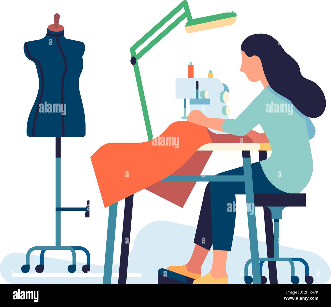 Donna cucire abiti su macchina. Lavoro di seamstress con il tessuto Illustrazione Vettoriale