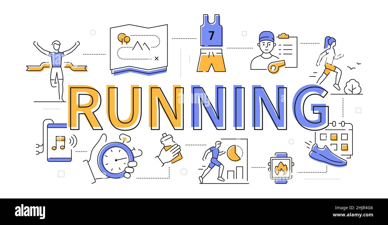 Running - moderno banner web in stile flat design con elementi di linea e testo. Tratto modificabile. Illustrazione con gli atleti in movimento, mappa con percorso, coac Illustrazione Vettoriale