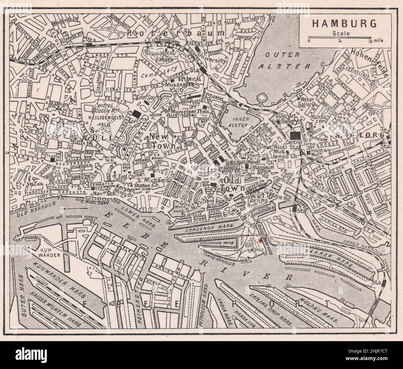 Labirinto di Amburgo Docks e bacini che costeggiano l'Elba. Germania (mappa 1923) Foto Stock