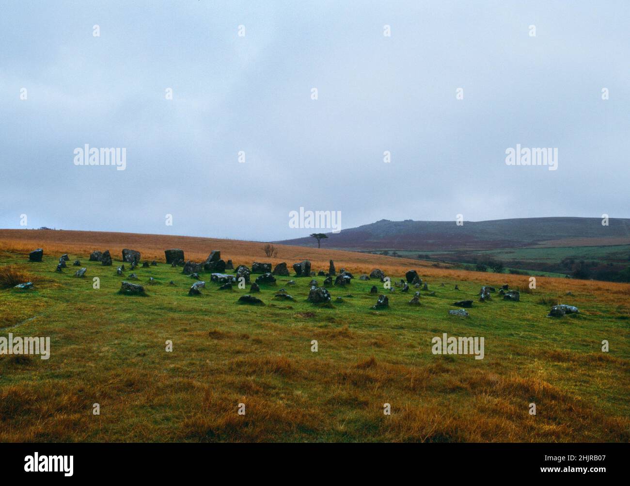 Visualizza l'SSE di quattro anelli preistorici in pietra (tre ellissi intorno a un cerchio centrale) a Yellowmead vicino a Sheepstor su Dartmoor, Devon, Inghilterra, Regno Unito. Foto Stock
