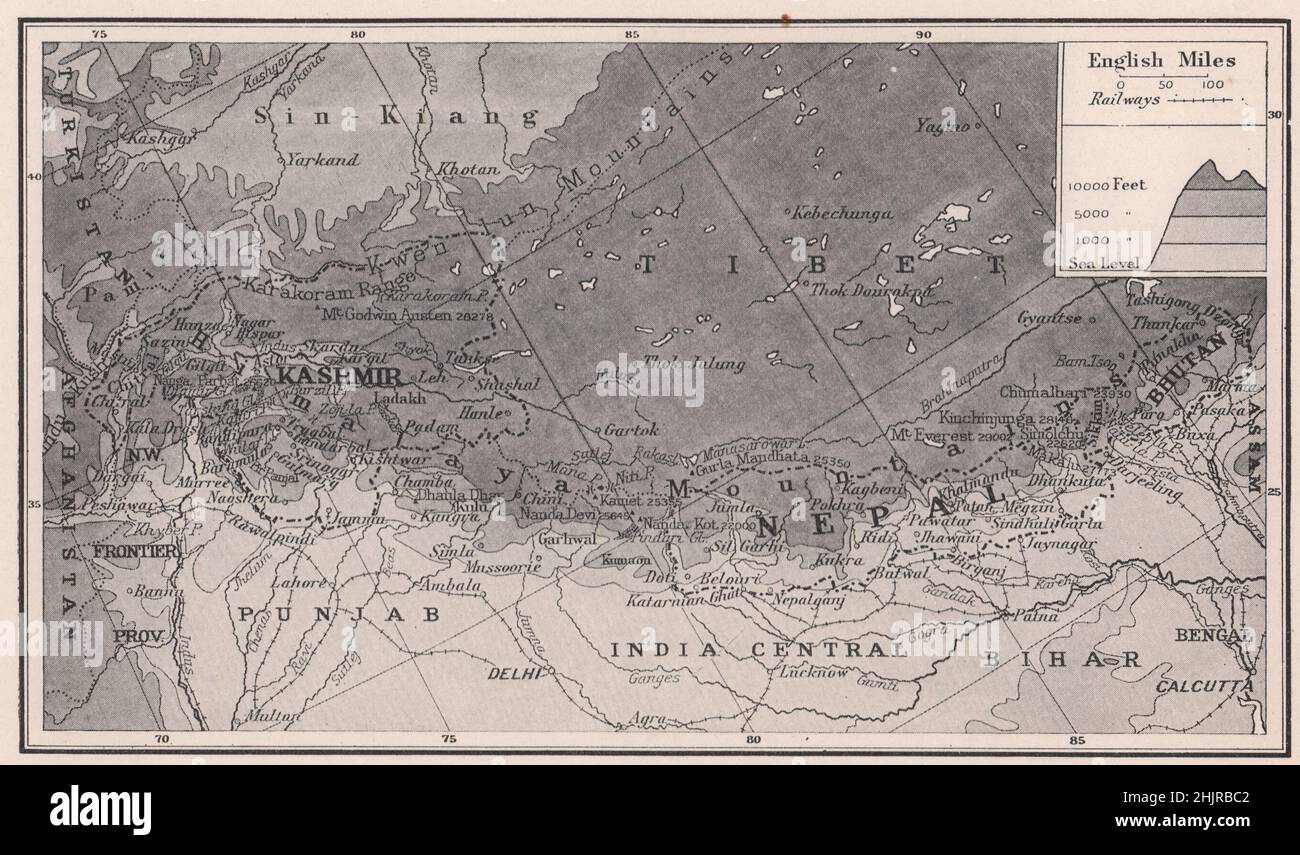 Barriera di quindici-cento-miglia dell'Himalaya da Chitral a Sikkim. Asia (mappa 1923) Foto Stock