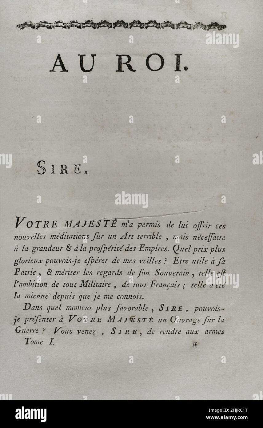 Pagina dedicata al Re. 'Commentaires de Cesar, avec des Notes historiques, critiques et militaires', di Conte Turpin de Crissé. Volume I. pubblicato a Montargis e venduto a Parigi, 1785. Foto Stock