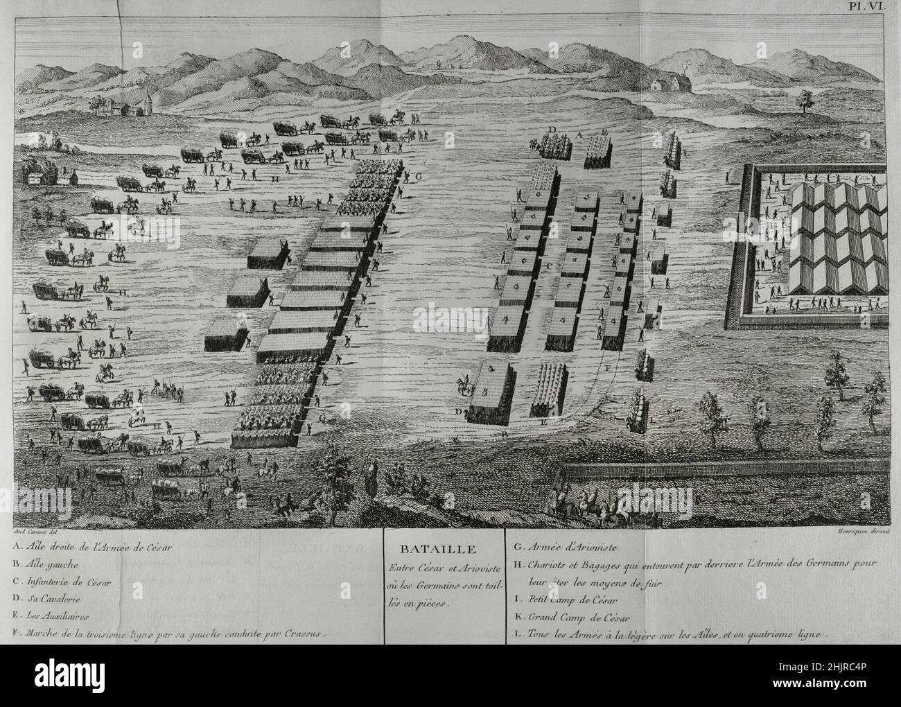 Guerre galliche (58 a.C.-50 a.C.). Prima campagna contro le tribù germaniche (58 a.C.). Battaglia dei Vosgi (58 a.C.). Combattimenti tra la tribù germanica dei Suebi sotto il comando di Ariovistus contro sei legioni romane guidate da Gaio Giulio Cesare. Incisione. 'Commentaires de Cesar, avec des Notes historiques, critiques et militaires', di Conte Turpin de Crissé. Volume I. pubblicato a Montargis e venduto a Parigi, 1785. Foto Stock