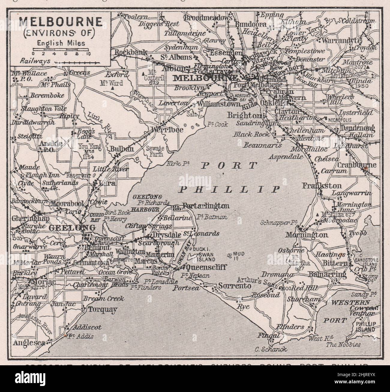 Curva Crescent dei sobborghi di Melbourne intorno a Port Phillip. Victoria Australia (mappa 1923) Foto Stock
