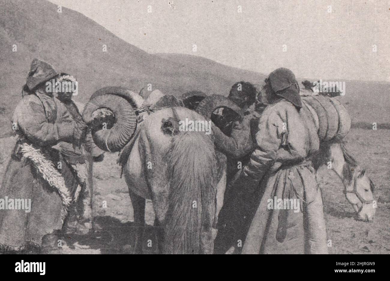 Cavalieri mongoli ricoperti di pelle nella loro casa desolata altopiano (1923) Foto Stock