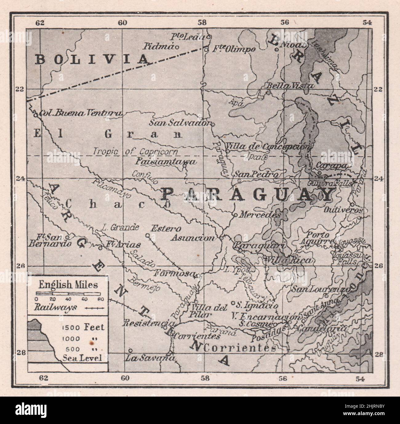 Paraguay con i suoi confini fluviali (mappa del 1923) Foto Stock