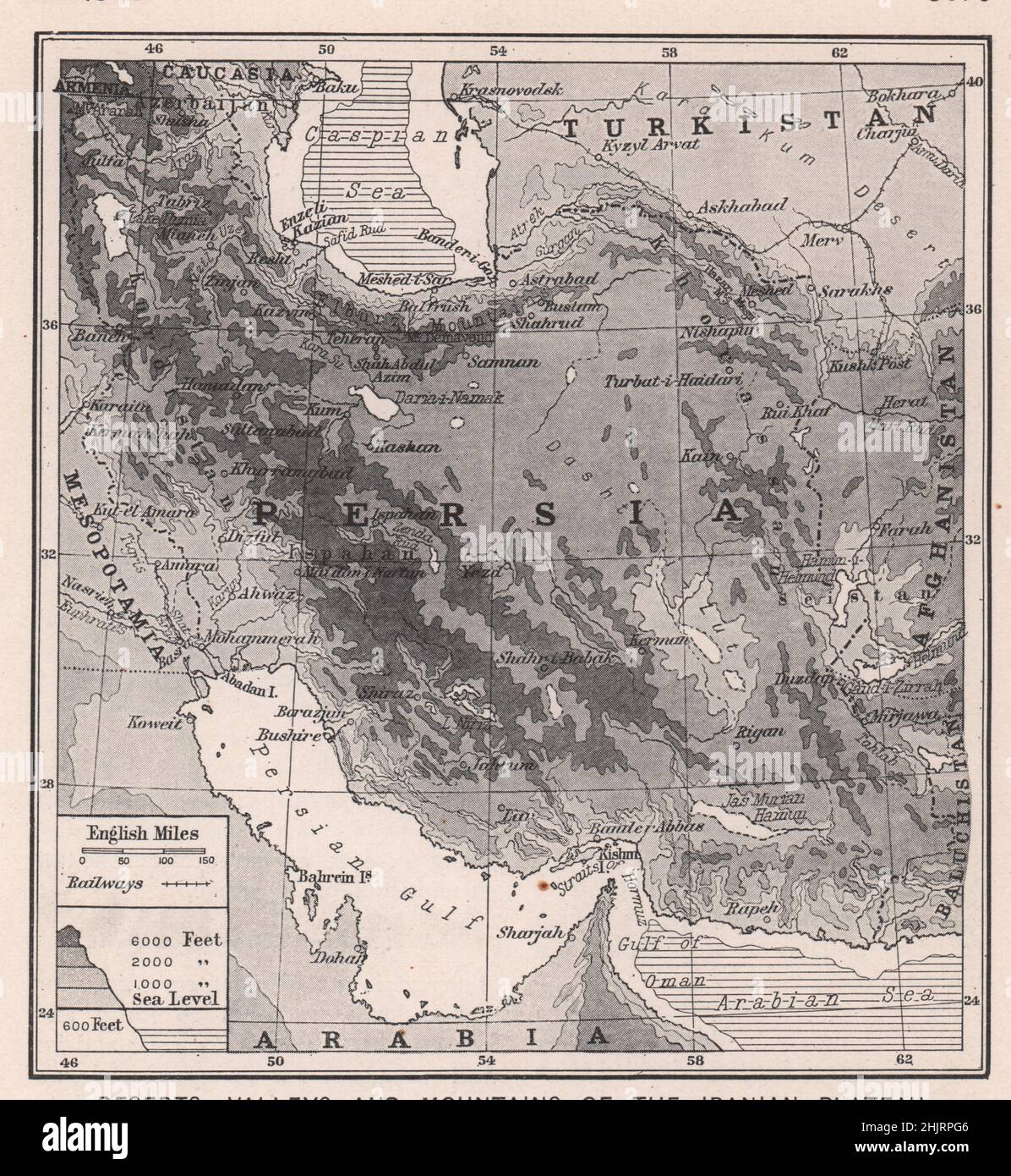 Deserti, valli e montagne dell'altopiano iraniano. Persia (mappa 1923) Foto Stock
