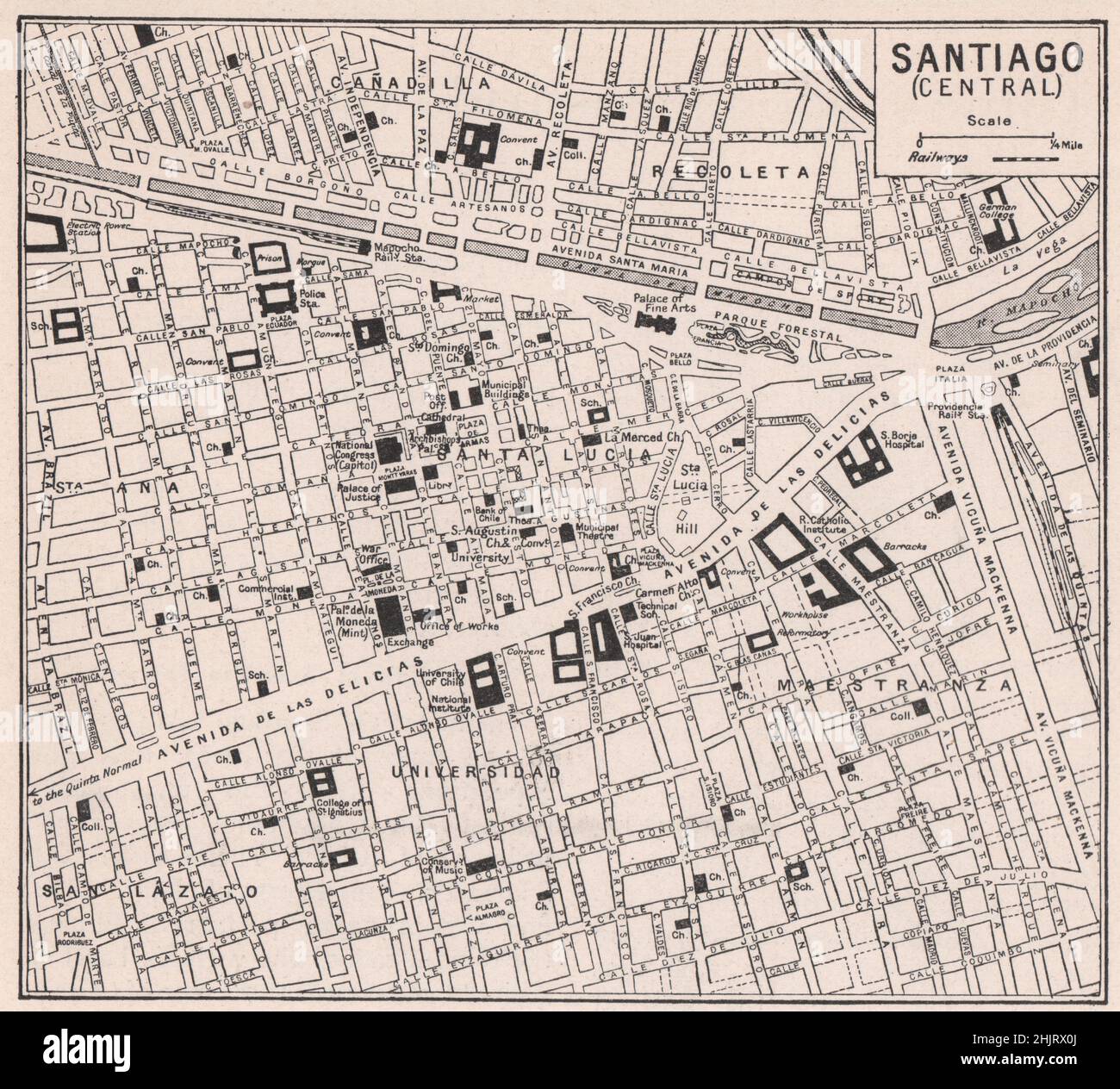 Come Santiago si diffonde sul Mapocho canalizzato. Cile (1923) Foto Stock