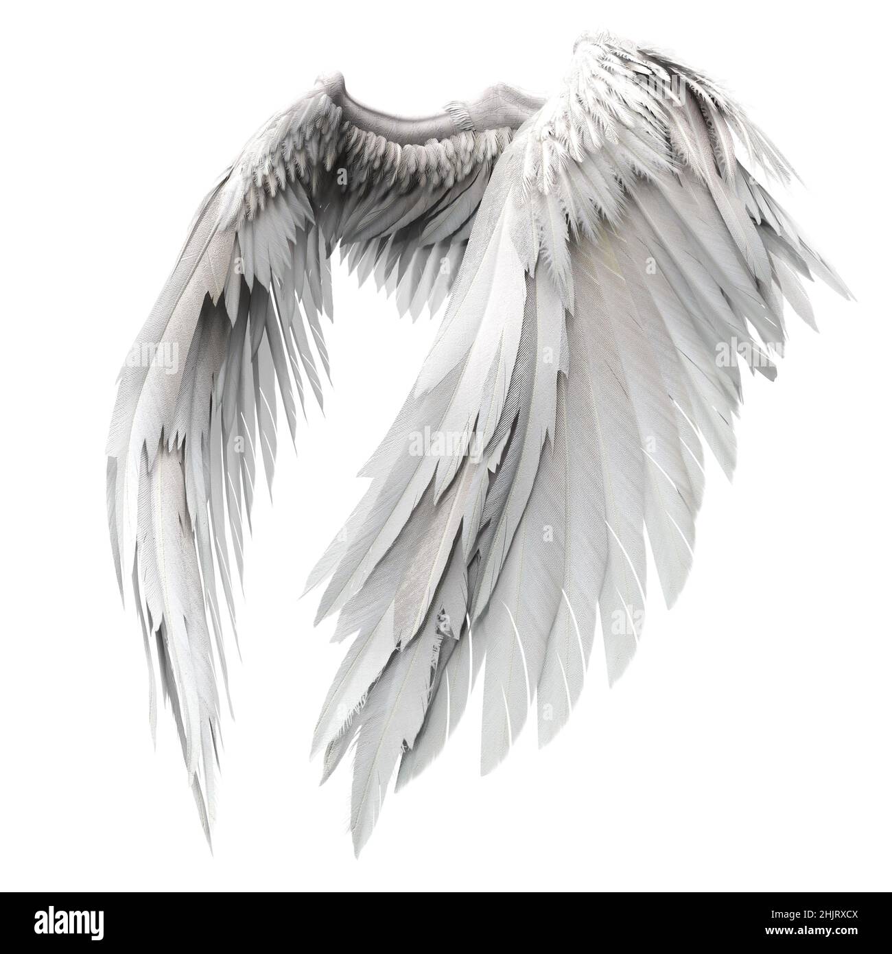 Coppia di ali d'angelo isolate con 3D piume su sfondo bianco, 3D Illustrazione, 3D rendering Foto Stock