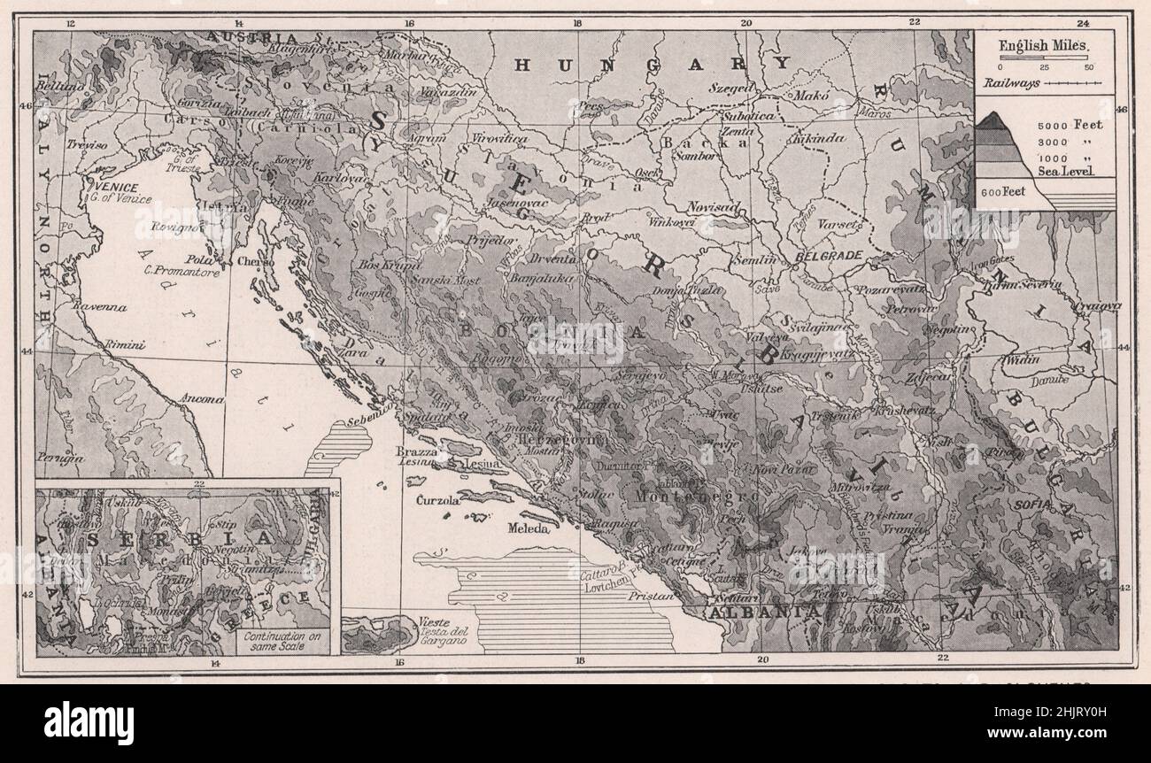 Città, ferrovie e caratteristiche geografiche del regno dei serbi, croati e sloveni. Jugoslavia. Balcani (mappa 1923) Foto Stock