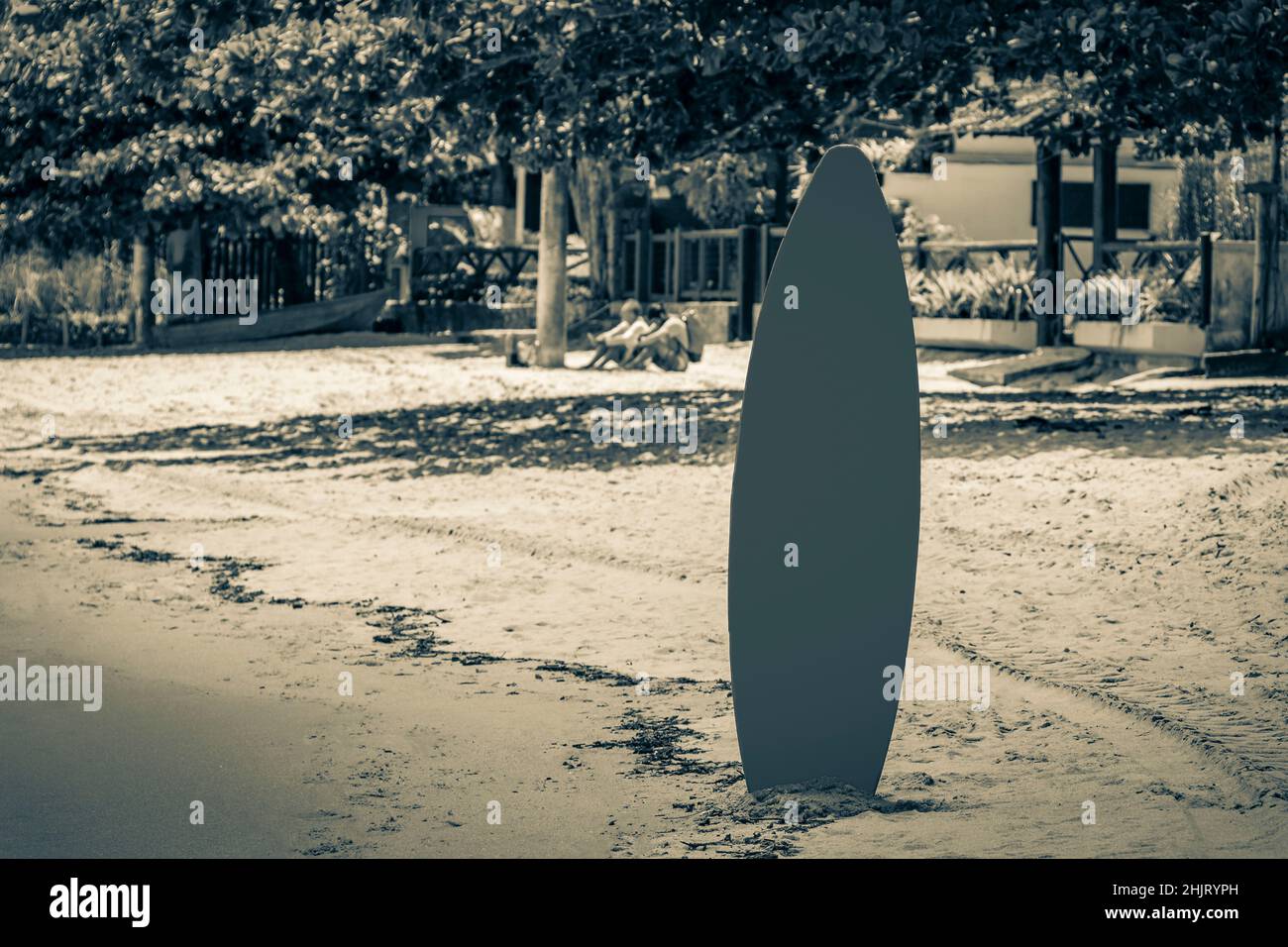 Foto in bianco e nero di tavole da surf colorate con bandiera brasiliana presso la splendida spiaggia di Mangrove e Pooso sulla grande isola tropicale Ilha Grand Foto Stock