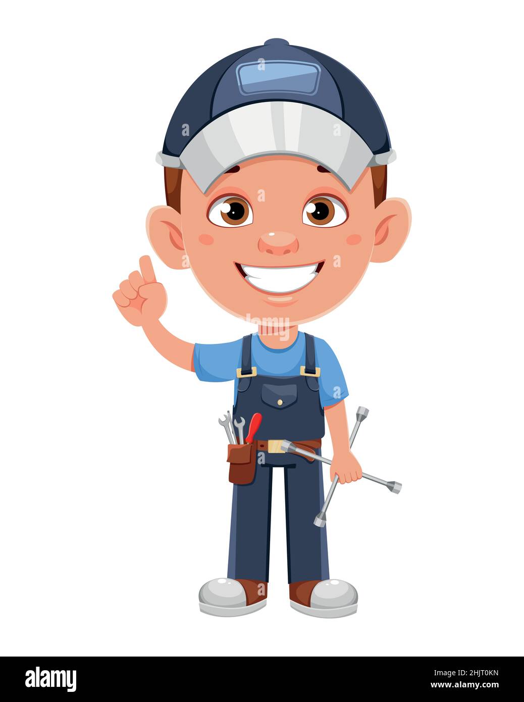 Personaggio cartoon meccanico automatico. Chiave per ruota di fissaggio automeccanica allegra. Illustrazione del vettore di scorta su sfondo bianco Illustrazione Vettoriale