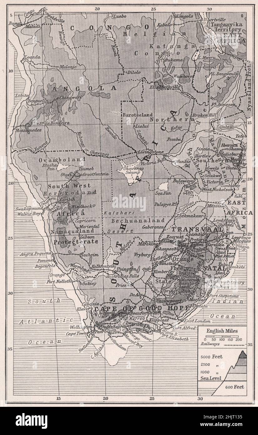 Estremità più meridionale del continente africano. Sudafrica. Africa australe (mappa del 1923) Foto Stock