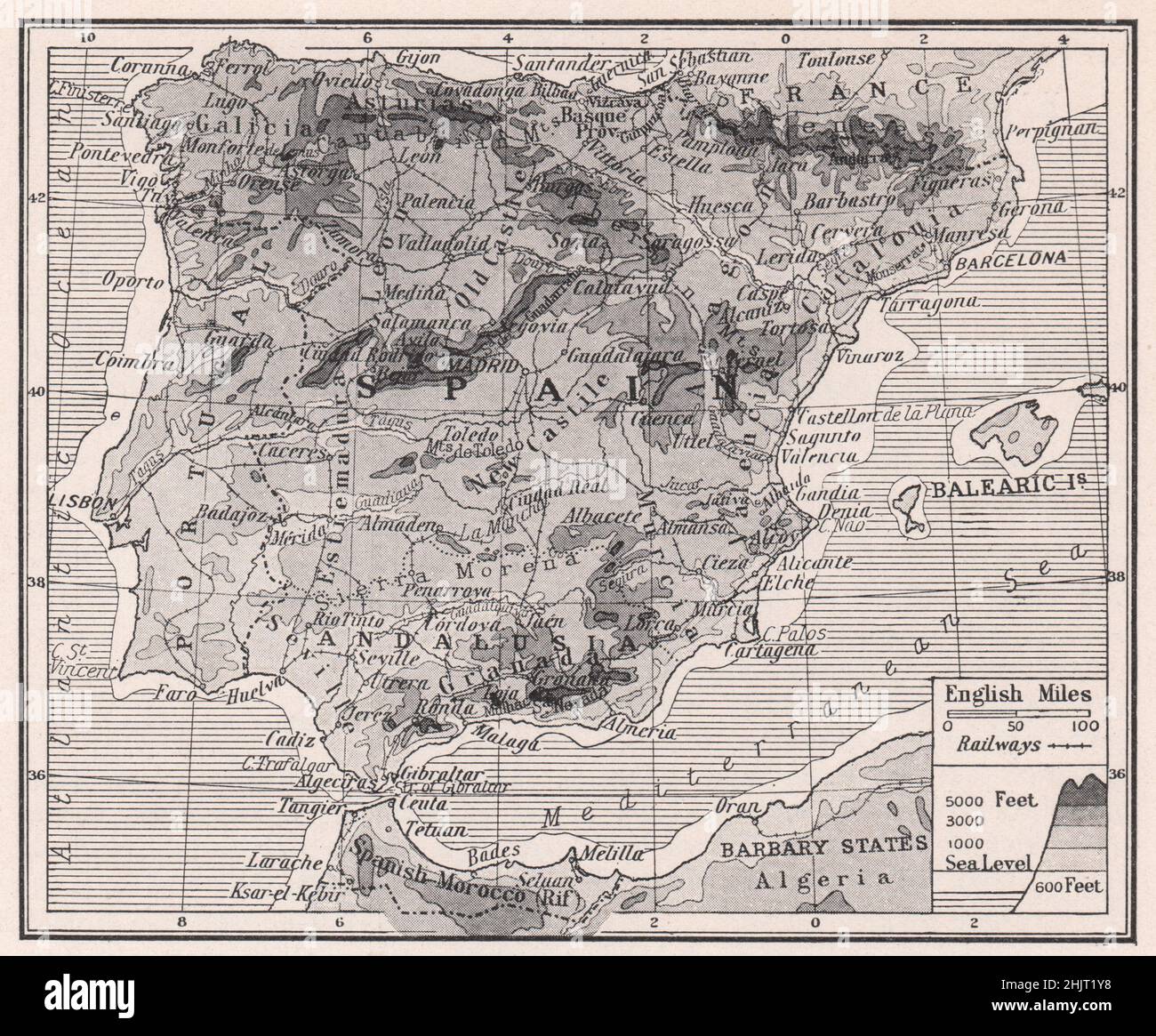 Litorali e contorni della penisola iberica. Spagna (mappa 1923) Foto Stock