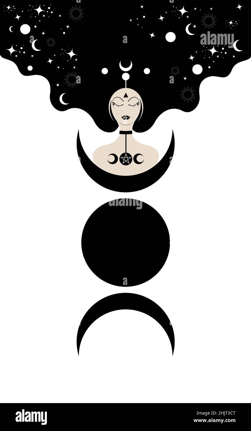 Priestess con capelli lonh, modello. Luna tripla, icona sacra della dea donna di wiccan. Crescent Moon Religious Wicca segno. Simboli del Neopaganesimo su bianco Illustrazione Vettoriale