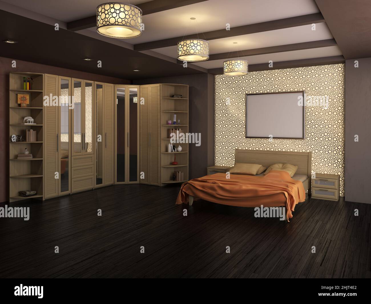 Camera da letto con parquet scuro e pareti marroni. Armadio in legno chiaro con specchio, letto con copriletto arancione, parete decorativa e cornice su di esso. Lampadari e faretti. 3D rendering, 7680x5760 Foto Stock