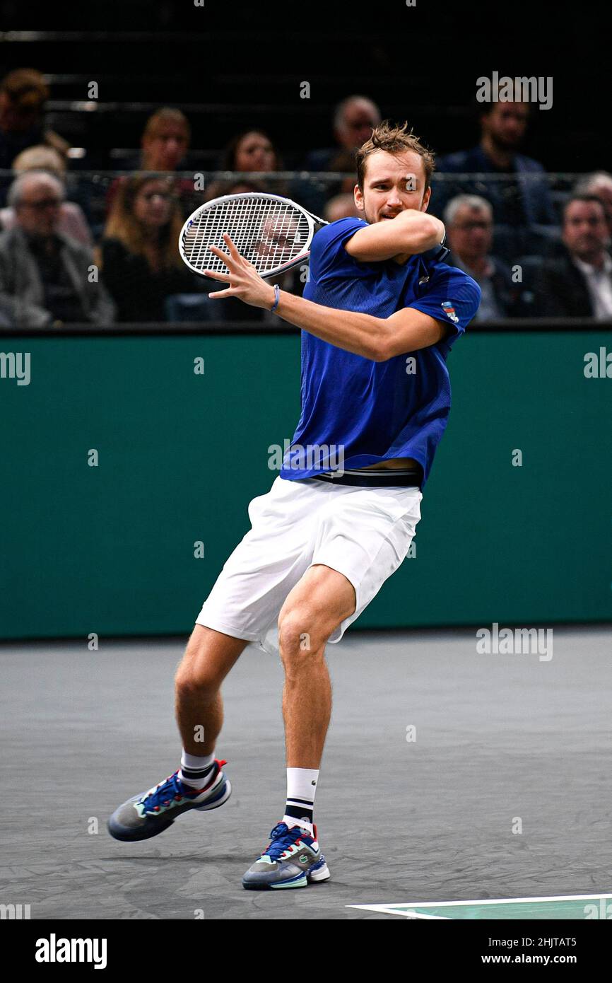 Daniil Medvedev della Russia durante il torneo di tennis Rolex Paris Masters, ATP Masters 1000, il 3 novembre 2021 presso l'Accor Arena di Parigi, Francia. Foto Stock