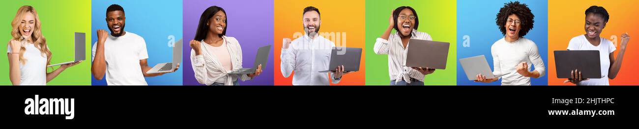 Collage di uomini e donne molto gioiosi diversi utilizzando computer portatili e celebrare il successo, panorama Foto Stock