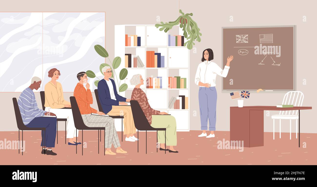 Gli studenti maturi imparano l'inglese. Un gruppo di anziani sta studiando. Illustrazione Vettoriale