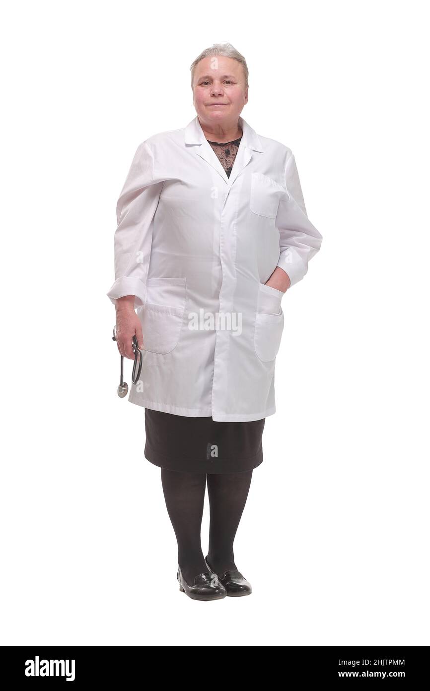 Ritratto di felice successo matire medico femmina in possesso di uno stetoscopio Foto Stock