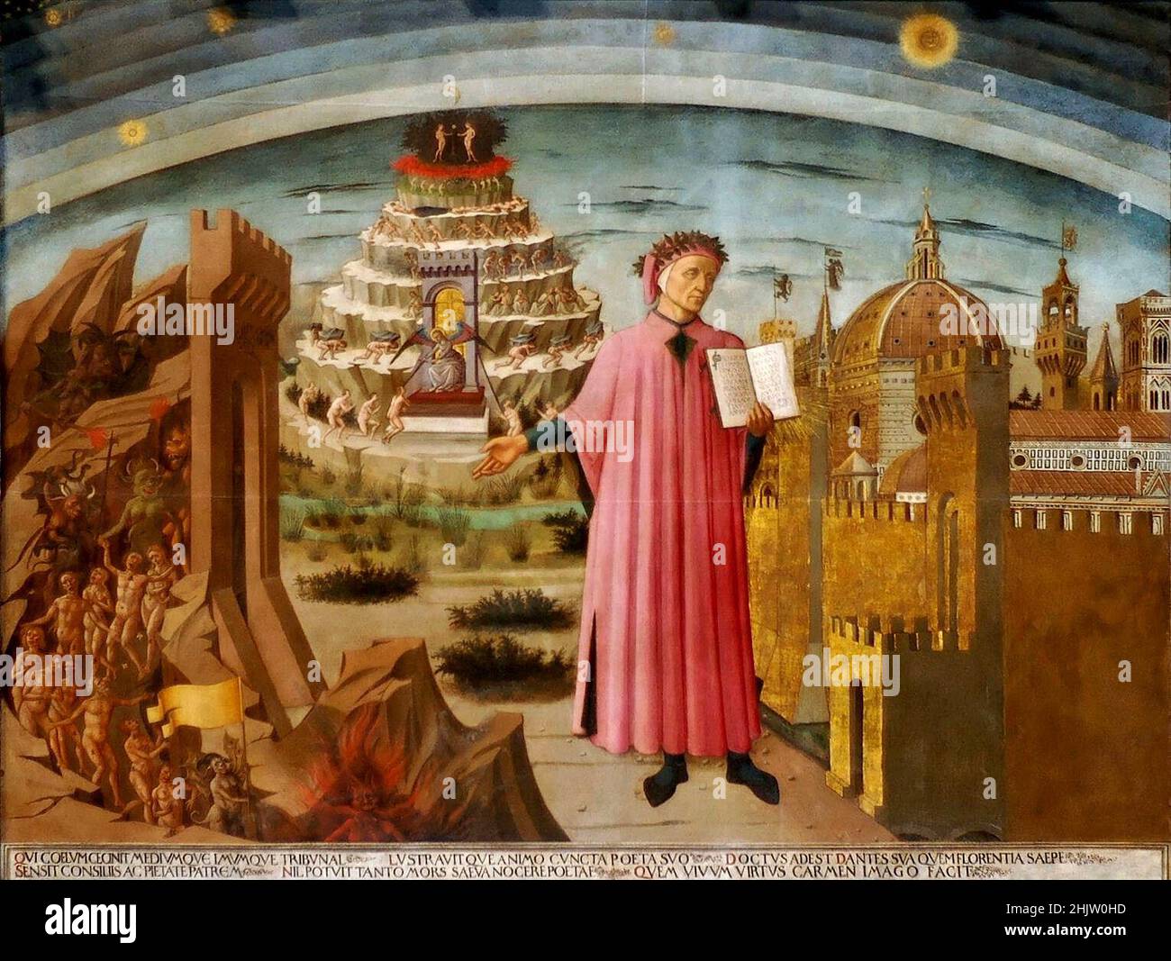 Dante raffigurò una copia della Divina Commedia, accanto all'ingresso dell'Inferno, alle sette terrazze del Monte Purgatorio e della città di Firenze, con le sfere del Cielo in alto, nell'affresco di Domenico di Michelino del 1465 Foto Stock