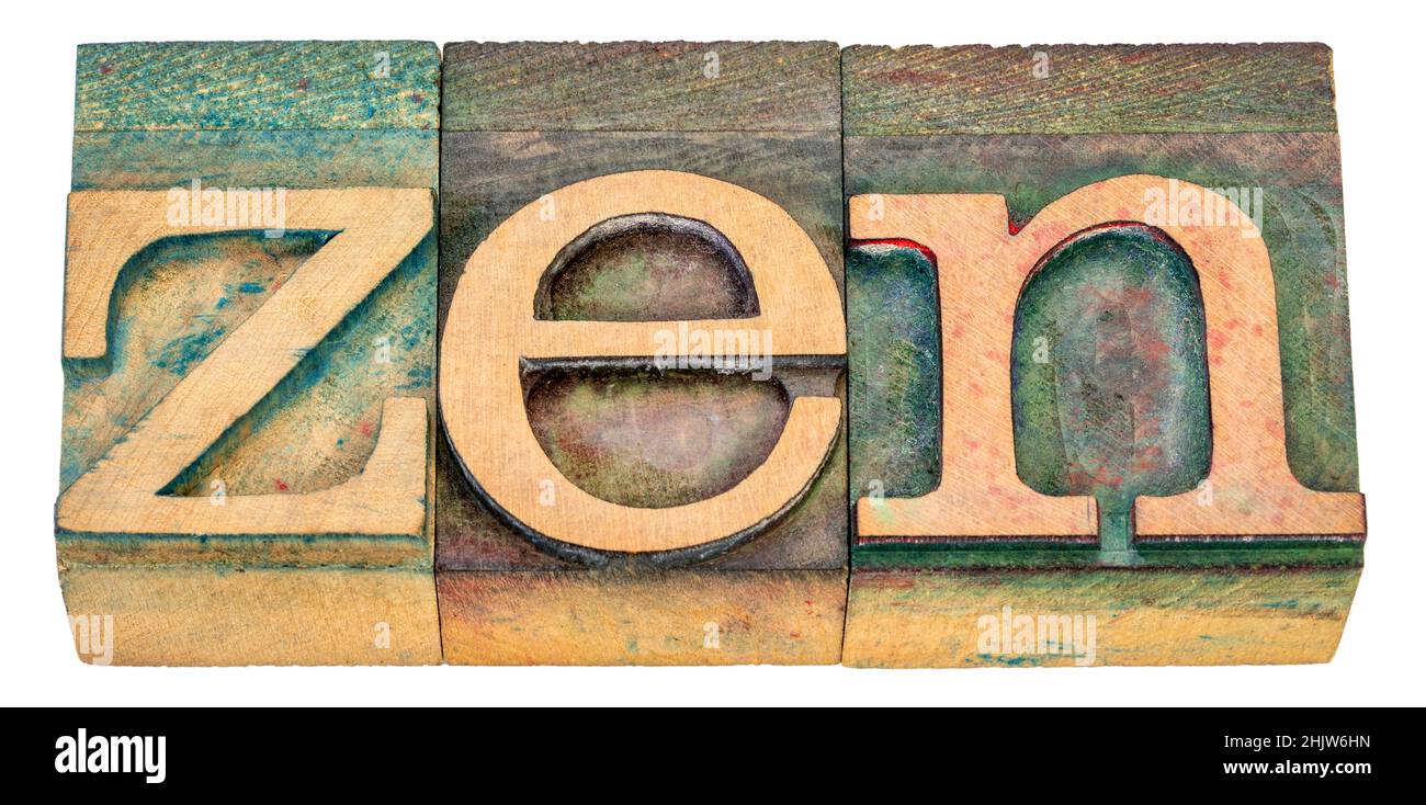 zen - abstract parola isolata in vintage legno carta intestata stampa blocchi macchiati da inchiostri a colori Foto Stock