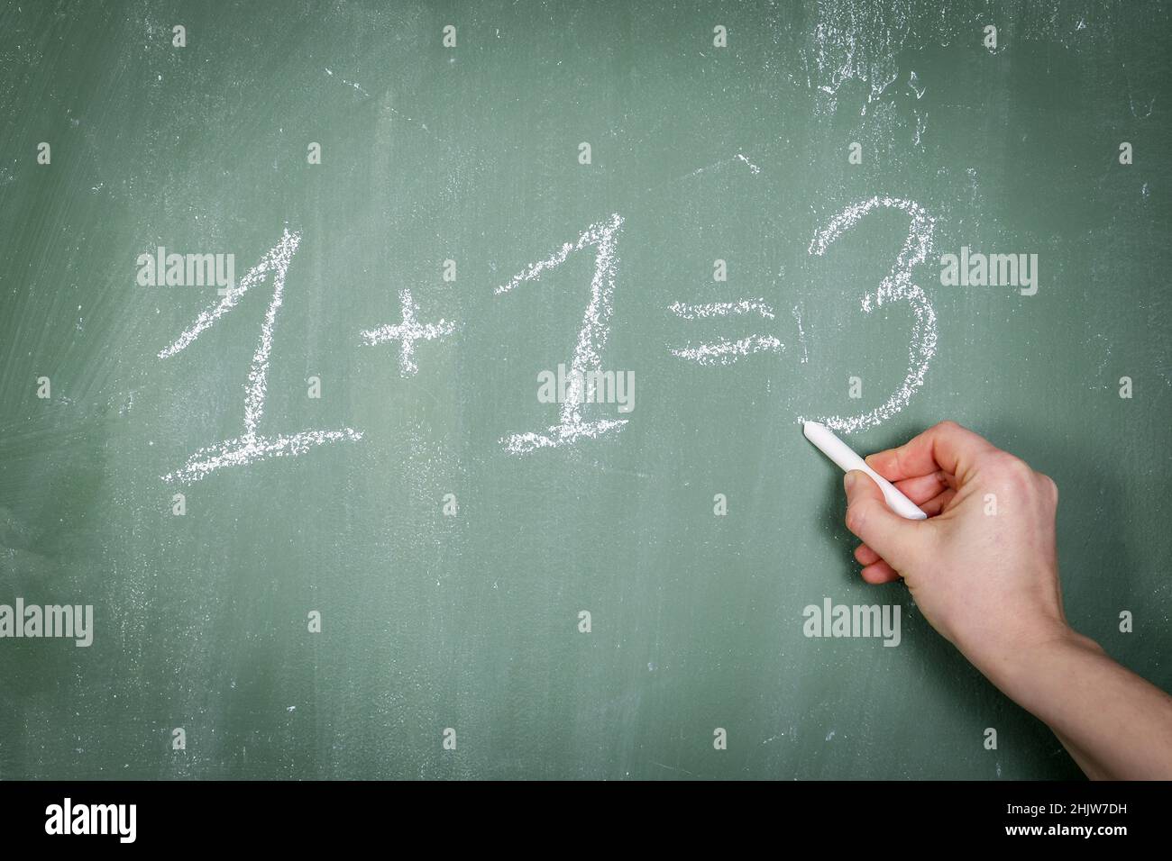 Concetto di sinergia. Operazione matematica su una lavagna verde. Foto Stock