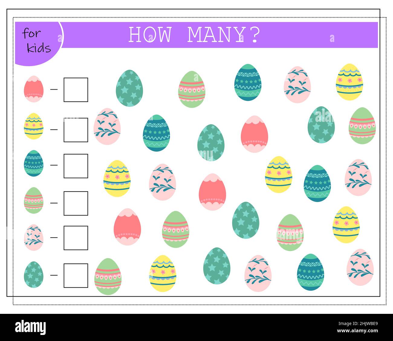 Il gioco di matematica dei bambini conta quante uova di Pasqua. Vettore isolato su sfondo bianco Illustrazione Vettoriale