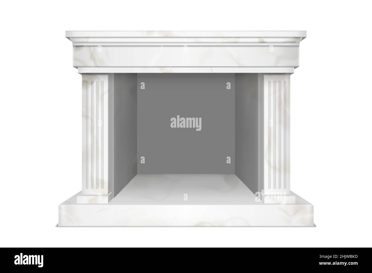 Caminetto in marmo bianco per interni in stile classico. Illustrazione vettoriale realistica del focolare in pietra con lesene e mantelpiece vuota isolata su sfondo bianco Illustrazione Vettoriale
