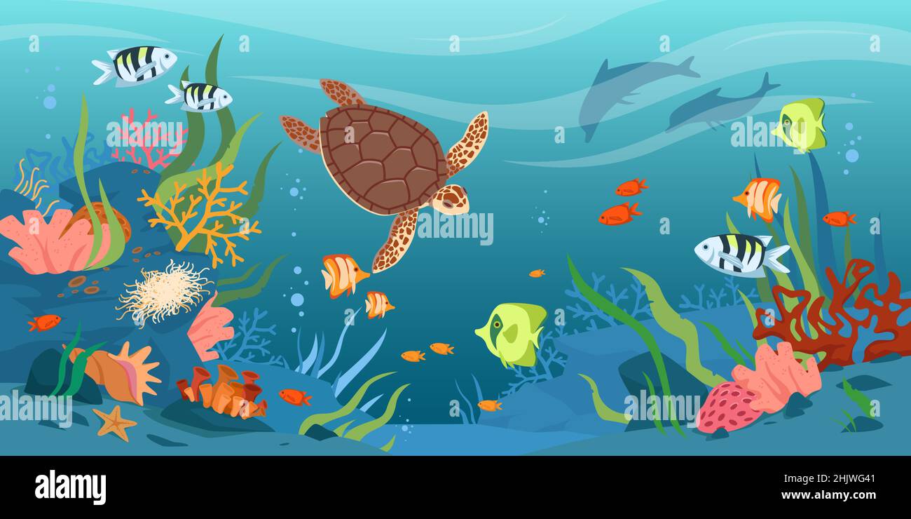 Tartaruga in mare o acque oceaniche, fauna selvatica subacquea tropicale illustrazione vettoriale. Cartoon acquatici animali e pesci nuoto, carino barriera corallina e. Illustrazione Vettoriale