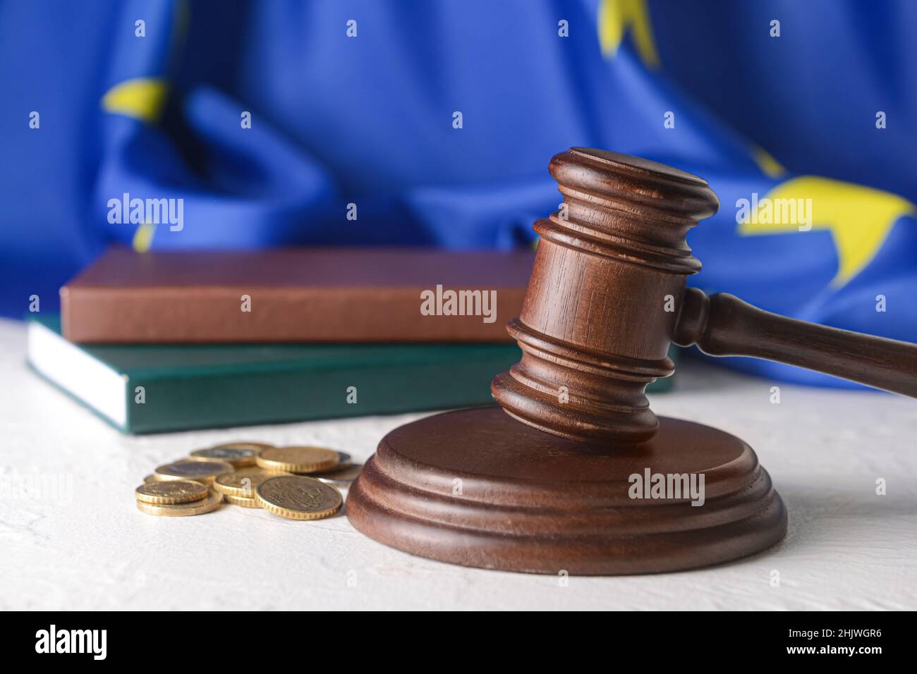 Gavel di giudice con monete e libri contro la bandiera dell'Unione europea Foto Stock