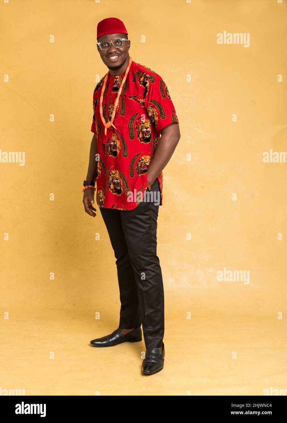 Igbo tradizionalmente vestito uomo d'affari in piedi in posa Foto Stock