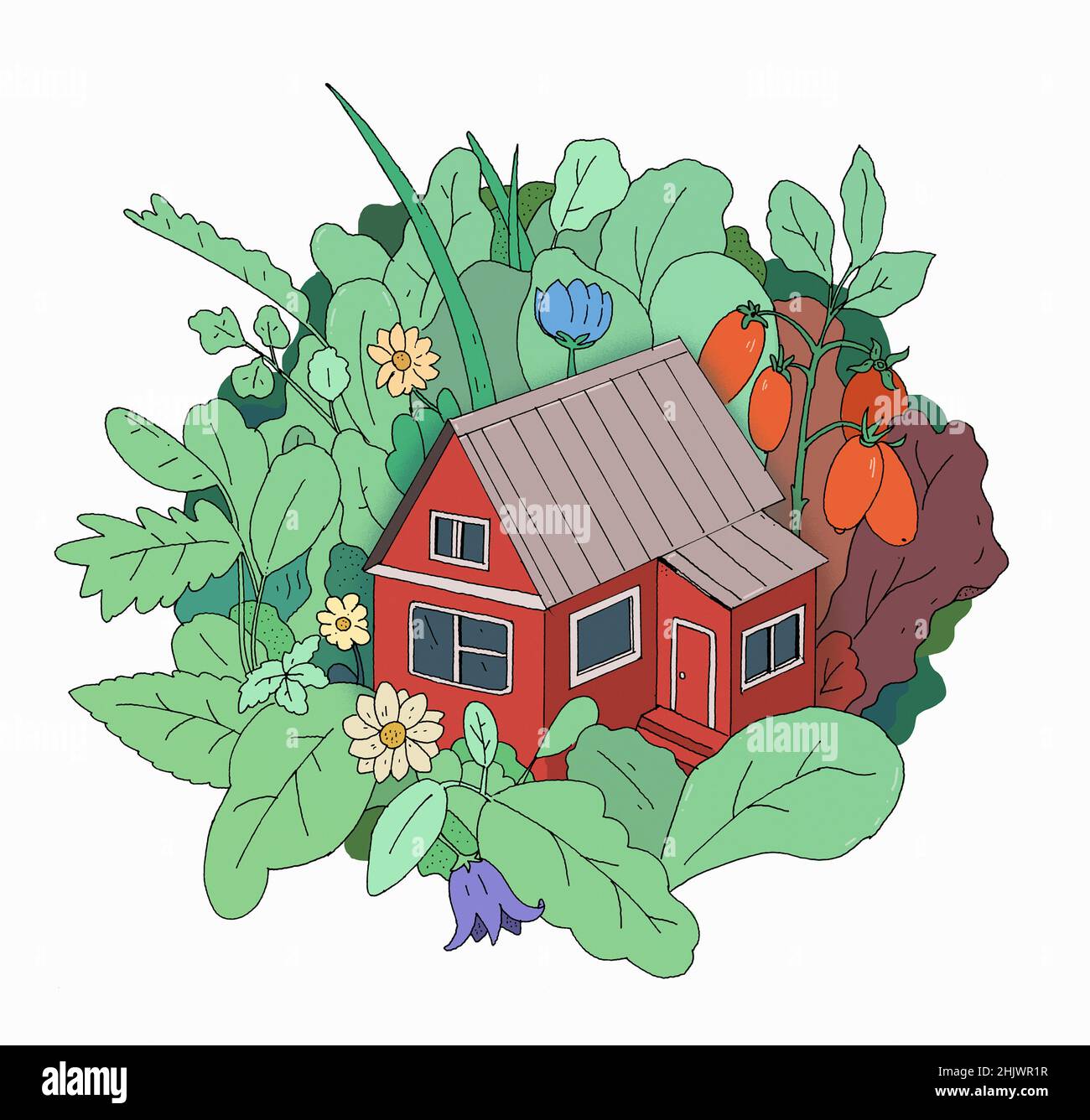 Grazioso cottage circondato da piante Foto Stock