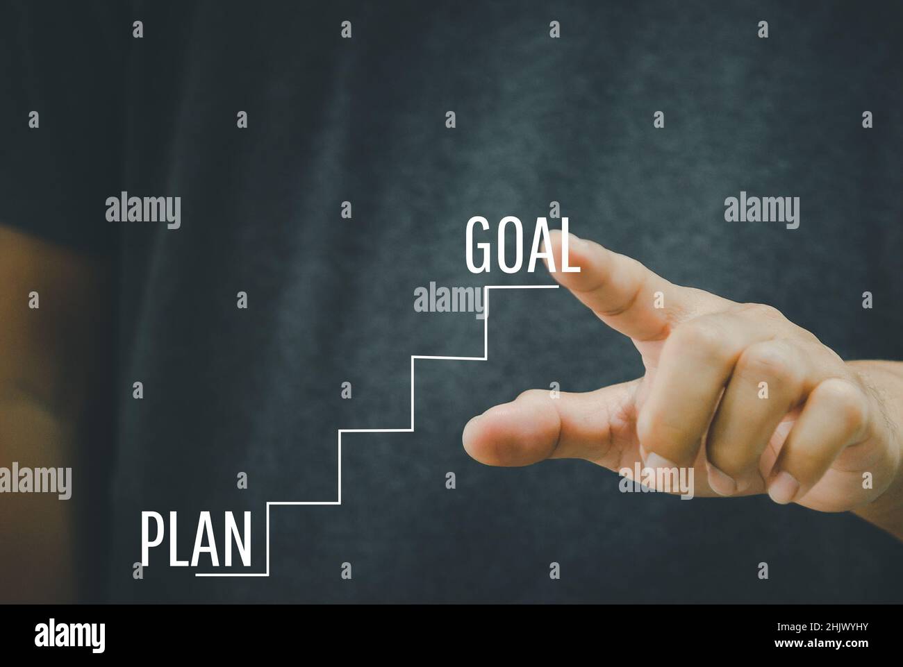 Mano che punta la pianificazione per i concetti di obiettivi di successo con il testo sul concetto di Ladder.Business Foto Stock