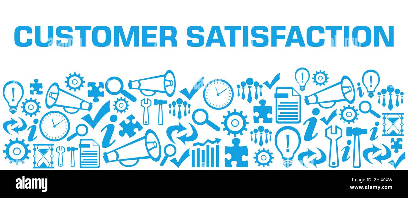 Soddisfazione del cliente Blue Business Symbols sfondo in basso Foto Stock