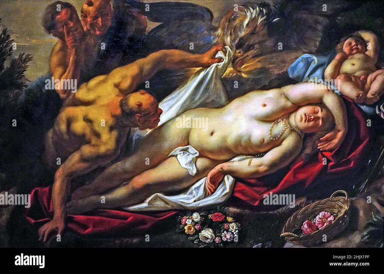 Sonno Antiope avvicinato da Giove 1660 da Jacob Jordaens 1593-1678. Pittore fiammingo noto per dipinti di storia, scene di genere e ritratti. Pittore fiammingo barocco dopo Peter Paul Rubens e Anthony van Dyck. Foto Stock