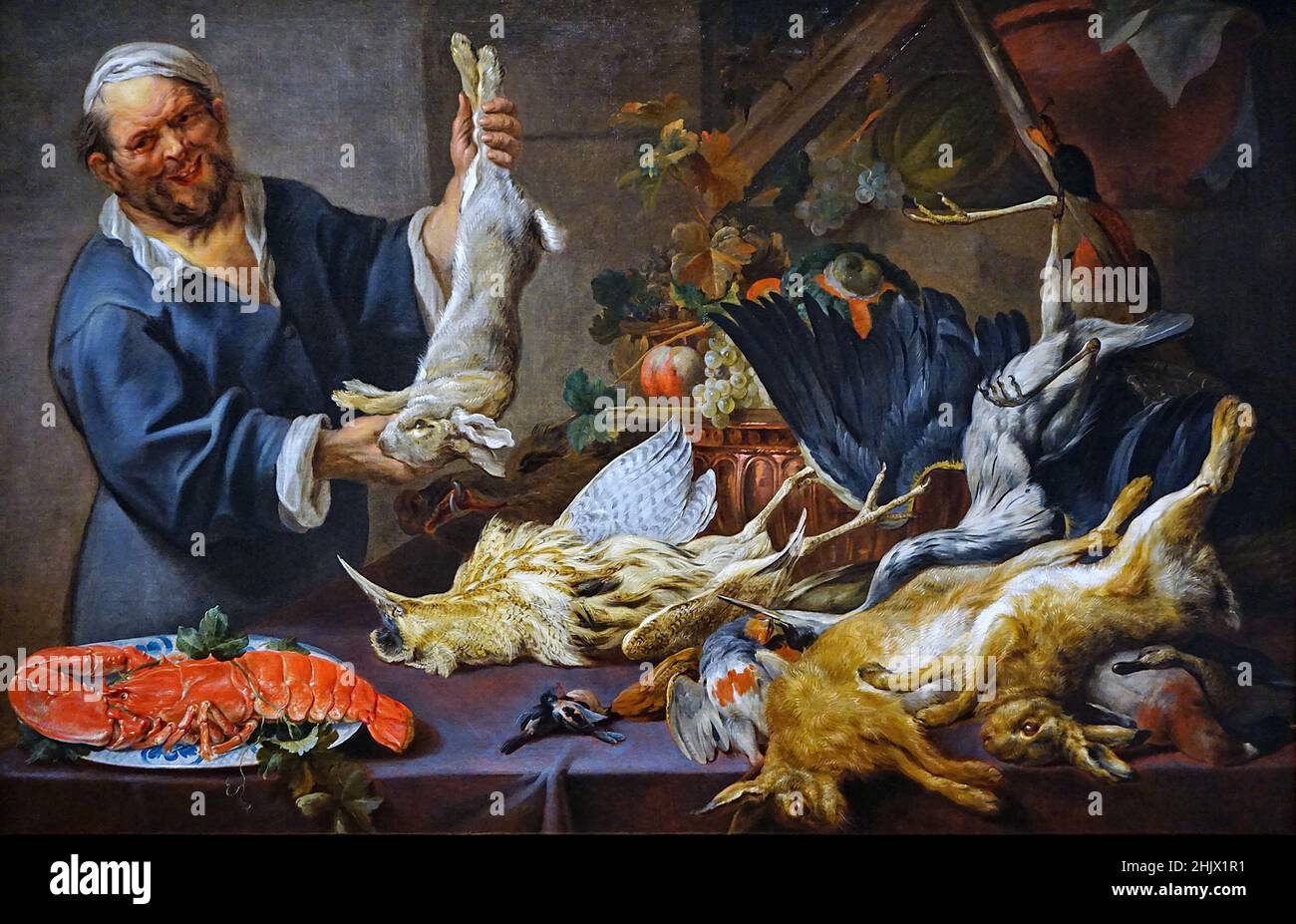 Cuoco che tiene una Lepre di Jacob Jordaens 1593-1678 e Paul de Vos 1595-1678 . Pittore fiammingo noto per dipinti di storia, scene di genere e ritratti. Pittore fiammingo barocco dopo Peter Paul Rubens e Anthony van Dyck. Foto Stock